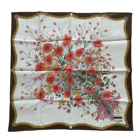 Authentic Celine Vintage Floral Bouquet Silk Blend Handkerchief